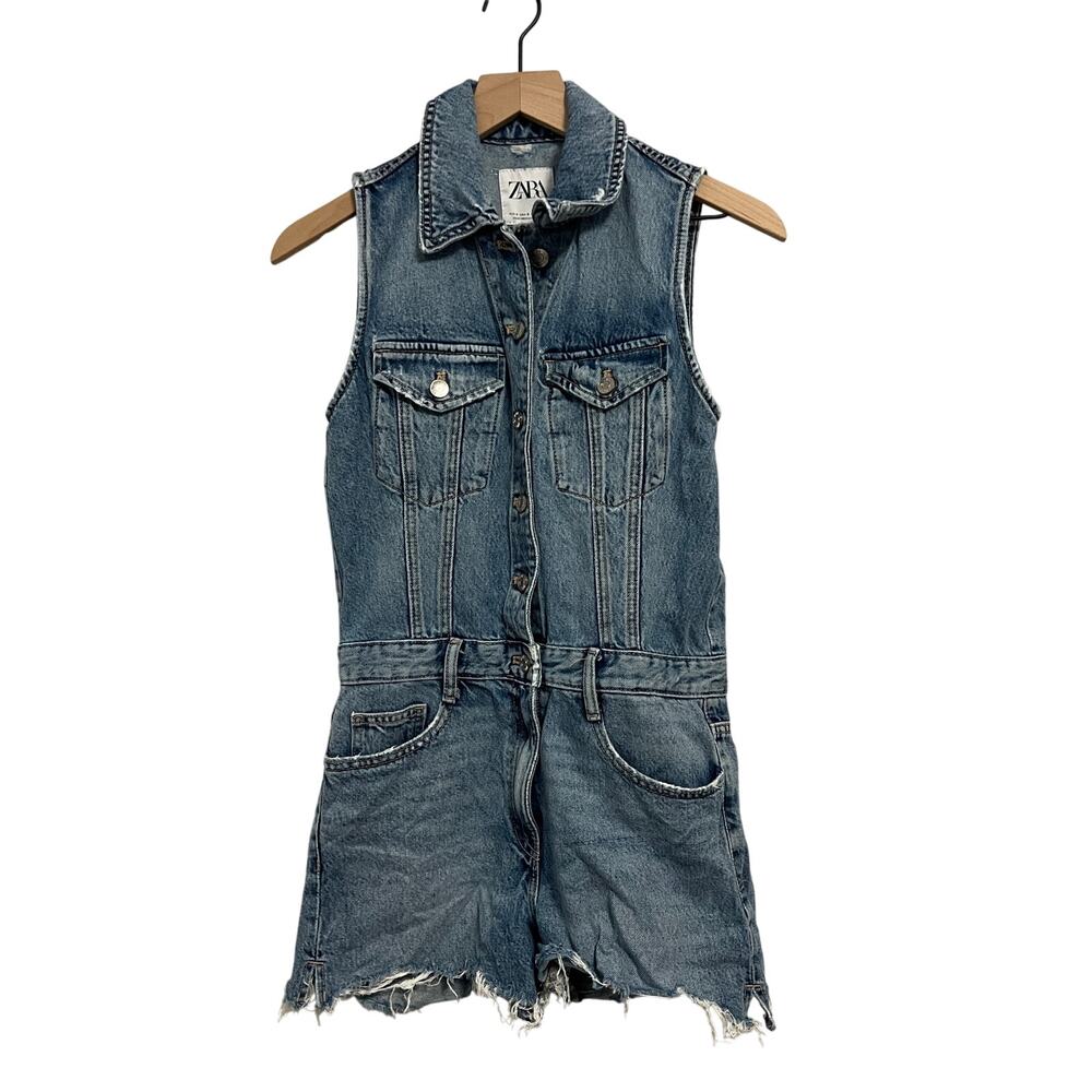 Zara Denim Short Jumpsuit Women's Small Blue Distressed Festival
